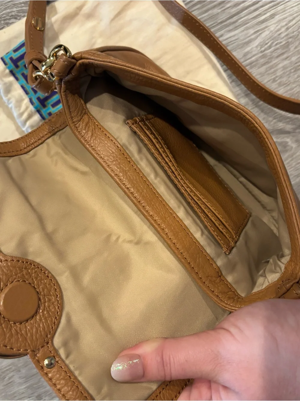 Tory Burch Tan Pebbled Leather Logo Crossbody